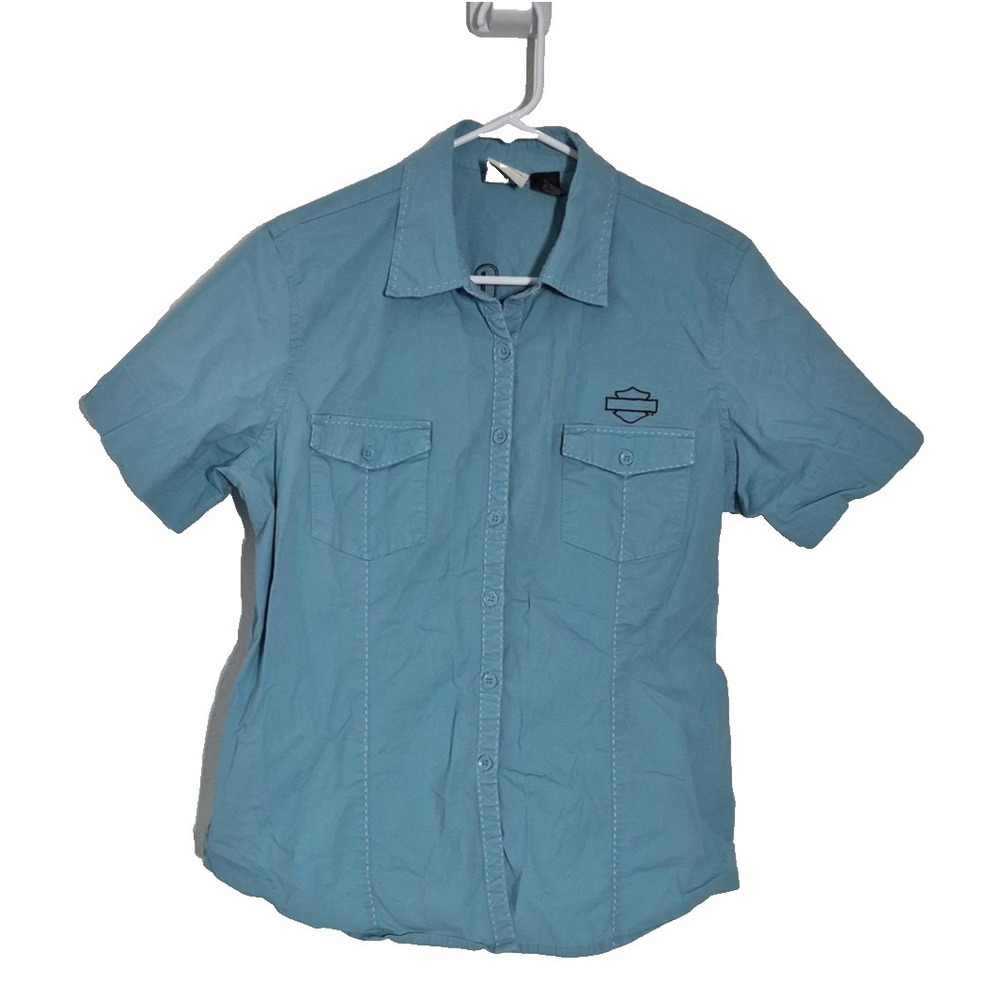 Harley-Davidson Shirt Womens XL Blue Button Up Short Sleeve‎ Embroidered Biker